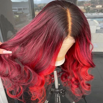 13x6 Ombre Kırmızı Renkli Doğal Dalga Dantel ön peruk İnsan Saç Ön Koparıp ıle Kadınlar ıçin Brezilyalı Saç Peruk Şeffaf Dantel