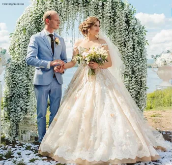 2019 Prenses düğün elbisesi Afrika Arapça Dubai Dantel Aplikler Fermuar Geri Uzun Kilise Resmi Gelin gelin kıyafeti Artı Boyutu