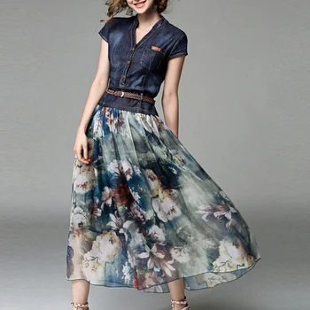 2021 Denim Elbise Uzun kadın Rahat Şifon Patchwork Çiçek Baskı Yaz Yeni Kadın Maxi Elbiseler Ile Kemer Japonya Moda Stil