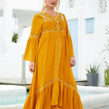 2021 Müslüman Artı Boyutu kadın Sarı Vintage Elbise İşlemeli Ön Düğme-aşağı Düzensizlik Etek Topluluk Femme