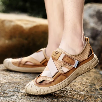 2021 Yaz Yeni Sandalet Erkekler Nefes Örgü Inek deri Ayakkabı Erkek Rahat Yumuşak Saydam Taban gündelik erkek ayakkabısı