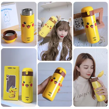 450 ML Pokemon Pikachu Karikatürler Paslanmaz Çelik Termos Kahve Çay Süt Seyahat Saman Fincan Sevimli Su Şişesi Yalıtımlı Termos