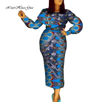 Afrika Elbiseler Kadın için Afrika Balmumu Baskı Pamuk Dashiki Elbise Patchwork O-Boyun Uzun Kollu Parti Elbise Afrika Giysi WY120