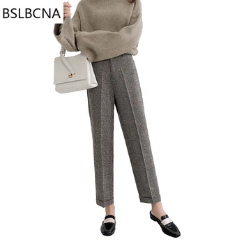 Artı Boyutu Rahat Düz Pantolon Kadın Sonbahar Kış Pantalon Femme 2021 Ekose Hongkong Stil Vintage Kadınlar Haren A393