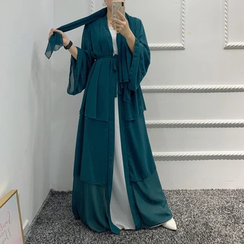 Açık Abaya Kimono Dubai Türkiye Hırka Elbise 3 katmanlar Şifon Ruffles müslüman kadın elbise kaftan marocain İslam kadın giyim