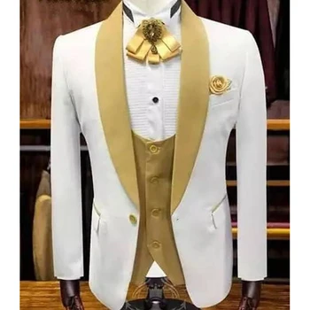 Beyaz Düğün Smokin Damat için Altın Şal Yaka ile 3 Parça Özel Slim fit uzun kollu erkek gömlek takım Elbise Set Ceket Yelek Pantolon Erkek Moda Giyim