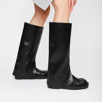 Boyutu 34-40 Diz Çizmeler Kadınlar İçin 2022 Yeni Pu Deri Sonbahar Bahar Düz platform ayakkabılar Kadın Uzun Çizmeler Düz Topuklu Ayakkabı Siyah