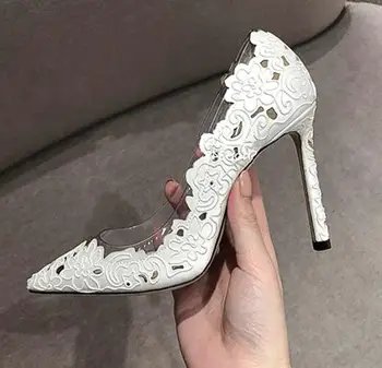 Carpaton Kadın Yüksek Topuk Ayakkabı Sivri Burun Dantel Patchwork Ince Topuklu Ayakkabı Beyaz Düğün Topuklu Bayanlar Stiletto Topuklu