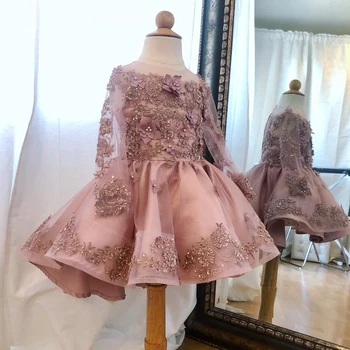 Custom Made Balo Çiçek Kız Elbise Düğün için O Boyun Uzun Kollu 3D Çiçek Ruffles Çocuk Communion Elbise