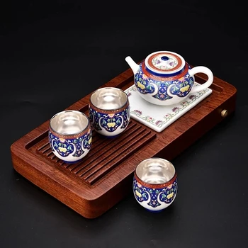 De plata 999 regalo chino juego de té plateado Gaiwan/pot tazas Rosewood bandeja de té de plata pura Chapado en oficina de tease