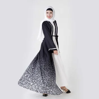 Degrade Konumlandırma Baskı Kenar Müslüman kadın Hırka Robe Müslüman Kimono Dantel Up Elbise