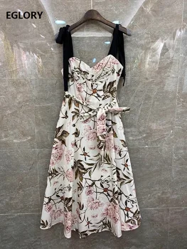 En Kaliteli Rahat Elbise 2021 İlkbahar Yaz Pist Kadın Spagetti Kayışı Vintage Çiçekli Baskı Seksi Sevimli Parti Kulübü Elbise Bayanlar