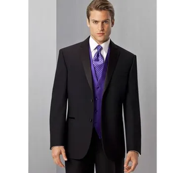 Erkek takım elbise Yeni Custom Made Siyah Erkekler Suit kostüm homme Mor Yelek Düğün Takımları Groomsmen Smokin 2017 terno masculino