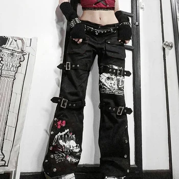 Gotik Bandge Kadın Denim Pantolon Estetik Harajuku Karikatür Baskı Siyah Yüksek Bel Büyük Cepler Pantolon Grunge Kargo Streetwear