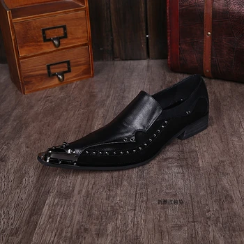 Italyan erkek ayakkabı markaları perçinler siyah çelik ayak sivri ayakkabı erkek düğün ofis resmi ayakkabı hakiki deri sapato masculino