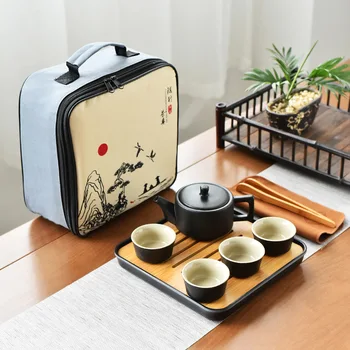 Japon Tarzı Siyah Çömlek Işın Demlik çay seti Bir Pot Dört Bardak Çanta Ile Kungfu ev çay seti Ofis Seyahat Teaware Iyi Hediyeler