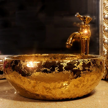 Jingdezhen el yapımı seramik altın sırlı porselen sanat banyo lavabosu