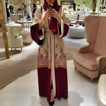 Kadın Müslüman Elbise Hırka Uzun islami elbise Kırmızı Patchwork Baskılı Çiçek Elbise Dubai Türkiye Elbise Marokkaanse Kaftan