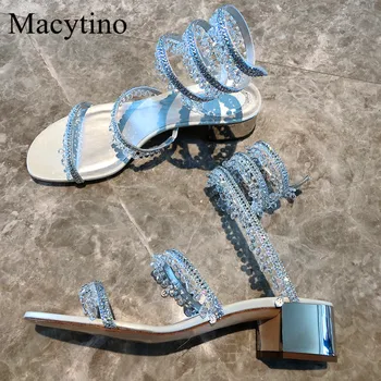 Kadın yüksek topuklu sandalet ile ince askıları ve kristal rhinestone dekorasyon yuvarlak ayak kalın topuklu sandalet moda parti kum
