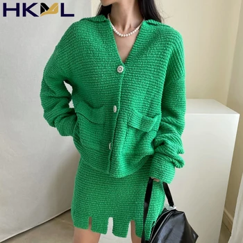 Kadın Örme 2 Parça Uzun Kollu Örgü Kazak Yüksek Bel Bölünmüş Moda Mini Etek Takım Elbise Sonbahar 2021
