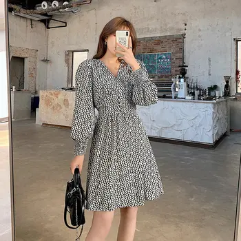 Kore kadın Elbise Sonbahar Yeni Ofis Bayan Fransız Tarzı Vintage Örgü Vestido Uzun Kollu Turn-aşağı Yaka rahat elbiseler