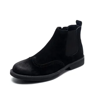 Kore tarzı erkekler vintage brogue chelsea çizmeler ınek deri bullock ayakkabı açık havada ayak bileği kısa çizme botines hombre zapatos botas
