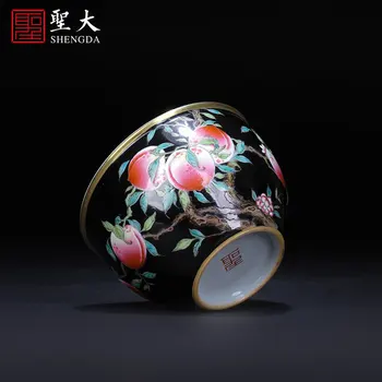 Kung Fu çay bardağı el-boyalı siyah emaye renk uzun ömürlü şeftali desen kavanoz fincan çay bardağı el yapımı Jingdezhen çay seti