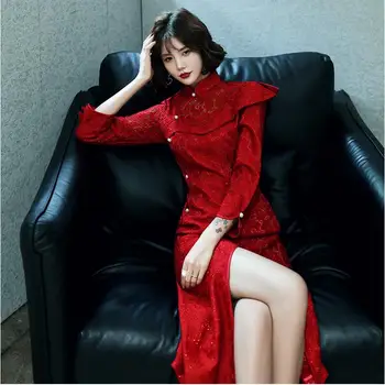 Kırmızı Dantel Düğün Qipao Uzun Cheongsam Modern zarif Geleneksel Elbise Robe Çin tang takım Vestido Oryantal Balo