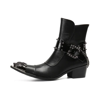 Kış erkek botları siyah çizmeler çelik burunlu ayakkabı erkek Elbise Çizmeler Hakiki deri Moda Perçin zincir düşük topuk Yan fermuar 39-46