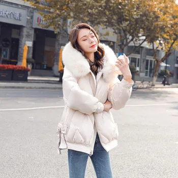 Kış kadın Aşağı Ceket Moda Büyük Kürk Yaka Gevşek Gevşek Kalın Beyaz Ördek Aşağı Ceket Kadın Açık Rahat pamuklu ceket