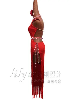 Latin dans yarışması suit performans suit kırmızı seksi ince yüksek çatal Çin tarzı açık omuz