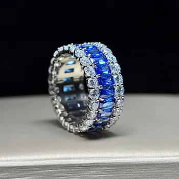 Lüks 100 %925 Ayar Gümüş Düzenlendi Mozanit Pırlanta Mavi Safir Taş Düğün Nişan Yüzüğü Kadınlar Için Güzel Takı