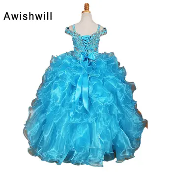 Mavi Renk Balo Boncuk Çiçek Kız Elbise Kat Uzunluk Corest Geri İlk Communion Elbise Kız Çocuk Balo Elbise