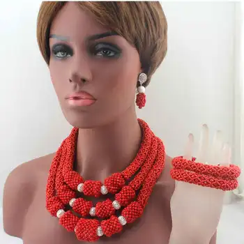 Moda Yeni Kırmızı Kristal 3 Satırlar El Yapımı Boncuk Takı Setleri Afrika Düğün Parti Kolye Takı Seti Ücretsiz Kargo HD8634