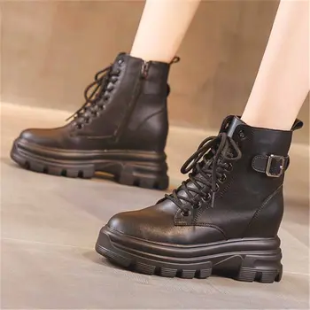 Platform ayakkabılar kadın Hakiki Deri Ayak Bileği Çizmeler Toka Kama Yüksek Topuk Oxfords Yuvarlak Askeri Punk Goth 34 35 36 37 38 39
