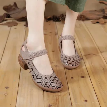 RUSHIMAN kadın sandalet 2021 Yaz Hakiki deri ayakkabı Kadın 5 cm Kalın Topuklu Klasik hollow out Bayanlar Sandalet anne ayakkabısı