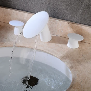 Saf beyaz banyo kuğu musluk mikser 3 delik havzası musluk Dokunun çift kolu Havzası Mikser Sıcak Ve Soğuk yüz havzası Musluk