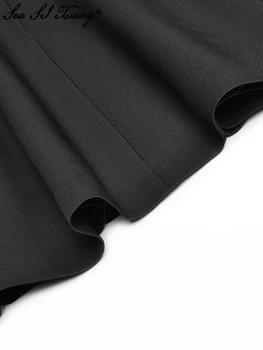 Seasixiang Moda Tasarımcısı Bahar Suit Kadın Slash boyun Uzun Kollu Üstleri + Etekler Siyah Rahat Iki Adet Set