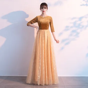 Shinning Altın Akşam Elbise Kat Uzunluk 2021 Yeni Moda Yarım Kollu a Hattı Gelinlik Modelleri Haute Couture Pageant Robe De Soiree