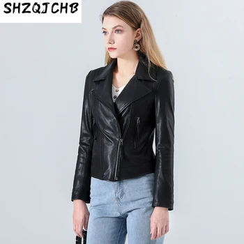 SHZQ Deri Ceket Kadın 2021 Yeni Kore İnce ve Yağsız Sebze Tabaklanmış Deri Kısa Moda Koyun Derisi Motosiklet Ceket Bahar