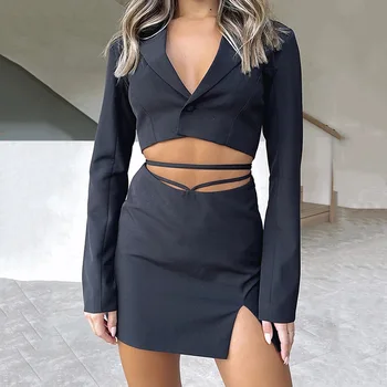 Sonbahar Bahar Kadın Resmi Bayan Takım Elbise Tek Düğme Kırpılmış Ceket Blazer Dantel up Bölünmüş Mini Etek OL Blazers 2 Parça Setleri