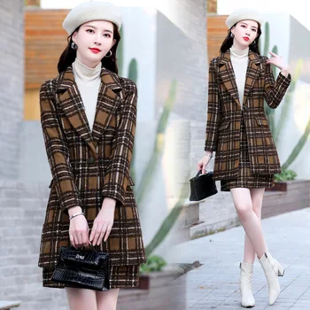 Sonbahar Kış Yeni Kore Ekose Etek Blazer + Etek 2 Iki Parçalı Set Kadın Ofis Bayan Çentikli Ceket Bir Çizgi Etek Takım Elbise