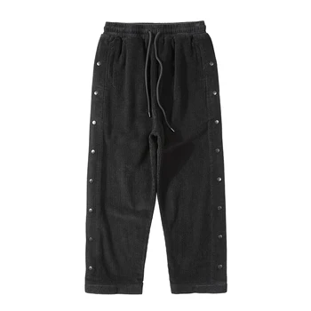 Sonbahar ve Kış Kadife Pantolon Erkekler Yan Düğmeler Velcro Kapatma Pantolon Düz Haki Siyah Hip Hop Streetwear Sweatpants