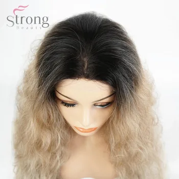 StrongBeauty kadın Dantel ön peruk Ombre Saç Sentetik Saç Uzun Kabarık Doğal Dalgalı Koyu Kök Peruk