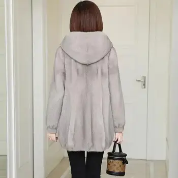 Taklit Vizon Kadife Ceket Kadın Kapüşonlu Palto Kış Yeni Moda Kalın Sıcak Giyim Orta Uzunlukta Sahte Kürk Ceket Kadın H1674