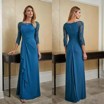 Teal Mavi anne Gelin Elbise Düğün için 3/4 Uzun Kollu Abiye giyim Pileli Dantel Takı Şifon Düğün Konuk Elbise