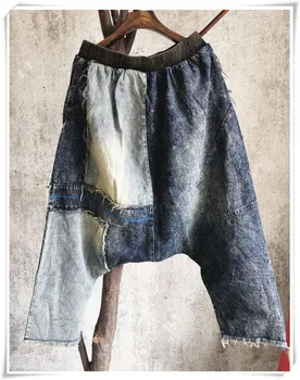 Vintage Patchwork Denim Çapraz pantolon Kadın 2022 Bahar Sonbahar Elastik Bel Sıkıntılı Eklenmiş Ayak Bileği-Uzunluk Pantolon Mavi QDY089