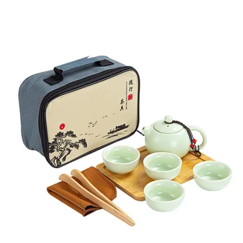 Yeşil Kung Fu Çay Seti Çin Beyaz Seyahat Teaware Bir Demlik Dört Bardak Tasarımcı Seramik Açık Drinkware Teaset Su Bardağı Hediye