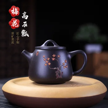 Yixing mor kil pot ham cevher siyah çamur boyalı erik çiçeği yüksek taş pota pot ünlü saf manuel ev Demlik Çay Seti
