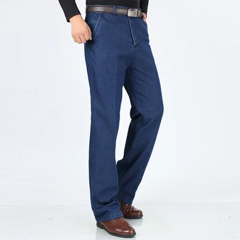Yüksek Kalite Yeni erkek Casual İş Jeans Katı Renk Siyah Mavi Orta Bel Kot Pantolon Düz Pantolon